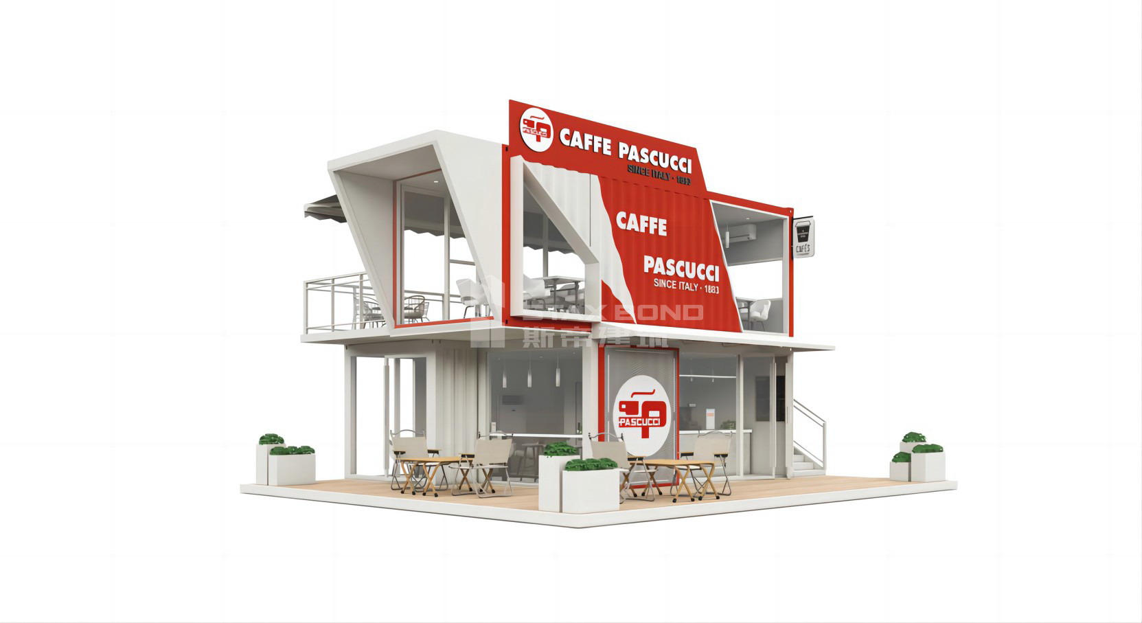 Modular Container Building, double-decker cafe